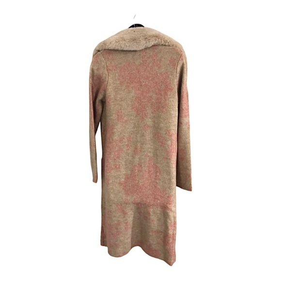 Tan & pink glam oversized faux fur collar open front long cardigan size small - Picture 9 of 14